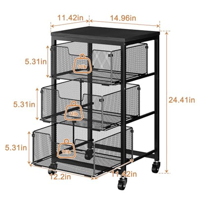 Pantry Organizer and Storage Cart, 3-Tier Kitchen Storage Cart with Drawer, Fruit Vegetable Storage Cart with Wheels, Wooden Top Metal Wire Kitchen Organizer Rack Stand for Food Snack Onion Potato - size: 3-Tier Black