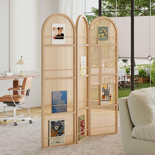 Rattan Room Divider with Bookshelf,Foldable Privacy Screen Partition,Wooden Frame,Natural Portable for Living Room,Bedroom Home,Office Reading Nook (Natural, 3 Panels) - color: Natural