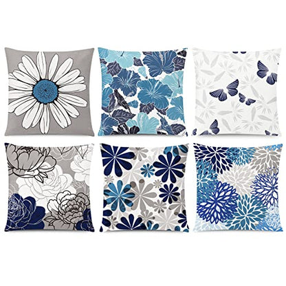 COMMINY Blue Grey Pillow Covers 16x16 Set of 6 Decorative Daisy Flower Throw Pillow Cover for Couch Modern Farmhouse Cushion Pillow Case for Living Room Patio Home Decor | spring floral, wild flower bloom, decorative cushion cover, Breathable Linen, Accen