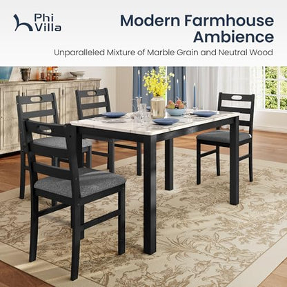 PHI VILLA Dining Table Set for 4, Marble Design Kitchen Table and Chairs | Marble Tabletop, Solid Rubber Wood, Padded Cushion Chairs, Space Saving, Easy Assembly, White Marble&Gray - color: Venatino White Marble&gray