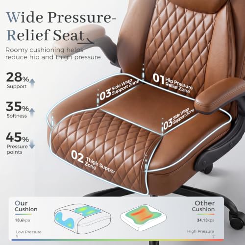 GTPOFFICE Executive Office Chair with Comfortable Lumbar Support, Ergonomic Gaming Chair with Flip-up Armrests & Zoned Pressure-Relief Cushion, Comfy PU Leather Desk Chair, Brown - color: Brown