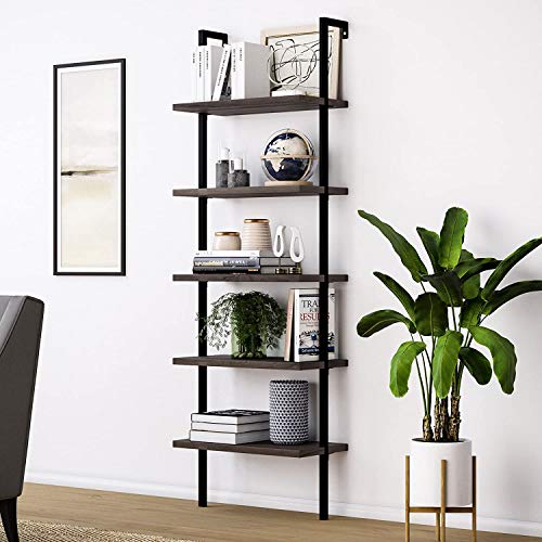 5-Shelf Modern Bookcase, Open Wall Mount Ladder Bookshelf with Industrial Metal Frame for Living Room Bedroom Home Office (Walnut) - color: Walnut