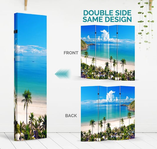 TOA 4 Panels Privacy Screen Room Divider Partition with Beach Hut Canvas, Water Resistant for Living Room, Bathroom, Home Office or College Dorm, Wood Frame