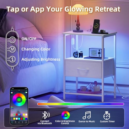 Somdot Nightstand with Charging Station & LED Light, Bedroom Bedside Table | Dorm, Guest Room, Kids Room, Laundry, Closet, Entryway and Hallway, White - color: White, size: 11.8"D x 15.7"W x 23.4"H (1 Drawers)