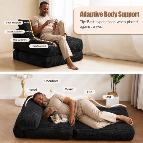 Small Couch Bed Floor Sofa, Foam Chair Bed, Frameless Sofa Sleeper | 3-in-1 Convertible Design, Frameless Sofa, Compressed Packaging, No Assembly Needed, 24/7 Customer Support - color: Black