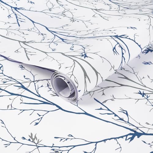 Grey Blue Tree Branches Peel and Stick Contact Paper 17.7" x 197" Modern Tree Branch Removable Wallpaper Natural Wall Paper Self-Adhesive Vinyl for Drawer Liner Furniture Crafts Accent Walls - size: 17.7" x 197"