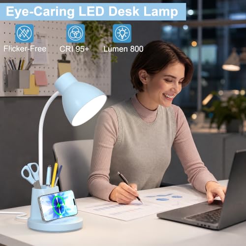 10W Wireless Charging LED Desk Lamp with Pen Holder, CRI 95, Blue | 800LM, 3 Modes, 360°Flexible Arm, Touch, Brightness, Table Lamp for Home Office, Dorm, Bedside, Study, Reading, with Adapter - color: Blue