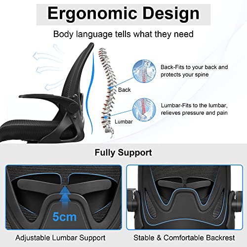 Office Chair Ergonomic Desk Chair with Flip up Armrests Swivel Breathable Desk Mesh Computer Chair with Adjustable Lumbar Support and Height for Conference Room (Black) - color: Black