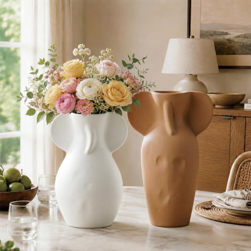Modern Ceramic Body Vase Set of 2, Two Size Abstract Sculptural Flower Vases for Home Decor, Minimalist Nordic Decorative Vase for Living Room, Bedroom, Table and Shelf Decor- Brown & White - color: Brown & White