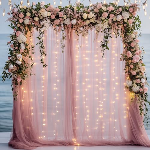 Fomcet Tulle Backdrop Curtains with Lights Dusty Rose 10x8ft Sheer Curtain | Tulle Curtains Backdrop Sheer Backdrop Curtains for Parties, Wedding Birthday Baby Shower Photo Shoot Decors(2 Panels 5x8ft) - color: Dusty Rose, size: 10FT X 8FT(2 Panels 5ft X