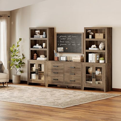 WAMPAT Farmhouse Entertainment Center with Bookshelves, TV Stand Set with Glass Doors & 6 Drawers, Wood Media Console for Living Room, Bedroom, Brown - color: Brown