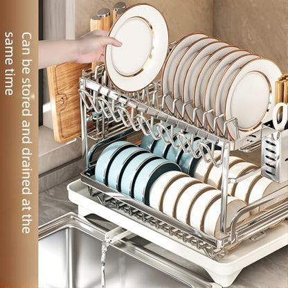 TarnorLe Double Layer Dish Drying Rack, Storage Super Large Bowl Dish Rack, Multifunctional Kitchen Countertop with Drain Pan, 304 Stainless Steel Kitchen Drying Rack, Tableware, Glass Drying Rack
