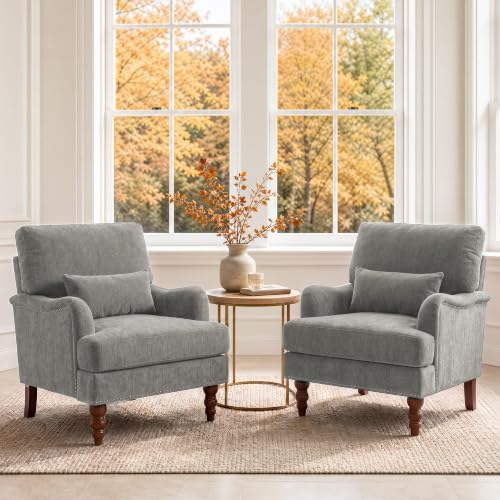 Mid-Century Modern Accent Chair with Lumbar Pillow, Light Brown, 2 Pack | Upholstered Chenille Armchair, Solid Wood Frame & Legs, Comfy Reading Lounge Sofa for Living Room Bedroom, & Small Spaces - color: Chenille Light Brown, size: 2 Seat