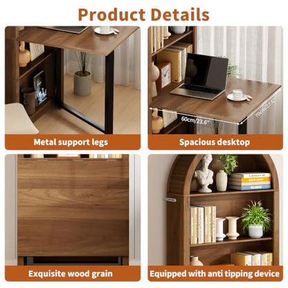 Folding Convertible Writing Table Fold-Out Murphy Desk Computer Desk | Space Saving Arched Foldable Desk Cabinet with Storage,Multi-Function folding table for Small Spaces,Home Office,Bedroom