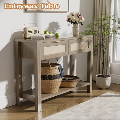 Boho Chic Console Table with 2 Rattan Drawers and Open Shelf Storage, Narrow Farmhouse Sofa Table for Small Space Entryway, Living Room,Hallway, Caramel Oak - color: Caramel Oak