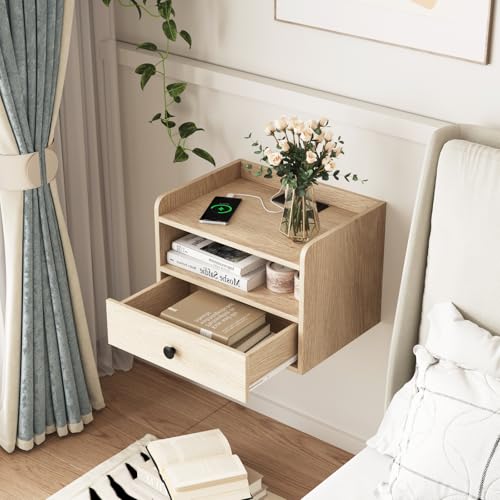 Floating Nightstand Set of 2 Modern Night Stands with Drawer and Open Shelf | Cubby Small Bedside End Table with Charging Station Wall Mounted Nightstands Set 2 for Bedroom Natural - color: Natural