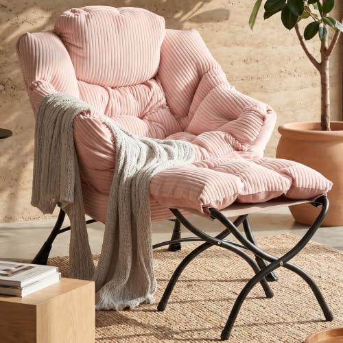 Lazy Chair with Ottoman, Modern Skinny Lounge Chair with Footrest | Foldable Footrest, Padded & Backrest with Side Pocket, Comfy Accent Reading Chair for Living Room & Small Spaces, Pink - color: Pink