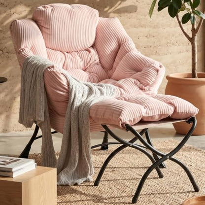 Lazy Chair with Ottoman, Modern Skinny Lounge Chair with Footrest | Foldable Footrest, Padded & Backrest with Side Pocket, Comfy Accent Reading Chair for Living Room & Small Spaces, Pink - color: Pink