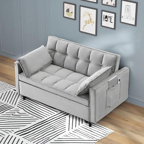3 in 1 Convertible Sleeper Sofa Bed, Velvet Loveseat Futon Pull-Out Couch with Adjustable Reclining Backrest, Side Pockets and Pillows for Living Room, Bedroom, Apartment, Small Spaces (Gray-Velvet) - color: Gray-velvet