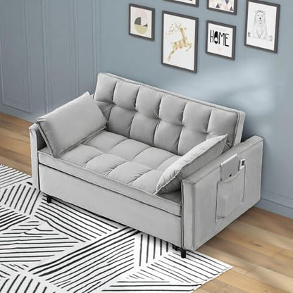 3 in 1 Convertible Sleeper Sofa Bed, Velvet Loveseat Futon Pull-Out Couch with Adjustable Reclining Backrest, Side Pockets and Pillows for Living Room, Bedroom, Apartment, Small Spaces (Gray-Velvet) - color: Gray-velvet