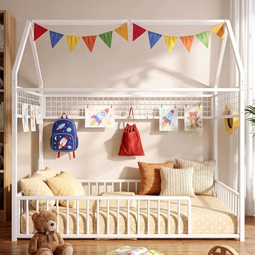 IRONCK Twin Floor Bed Frame with Fence Guardrails and Roof, White | Metal House Bed with Hanging Mesh, No Box Spring Needed, Easy Assembly, Anti-tipping Device - color: White