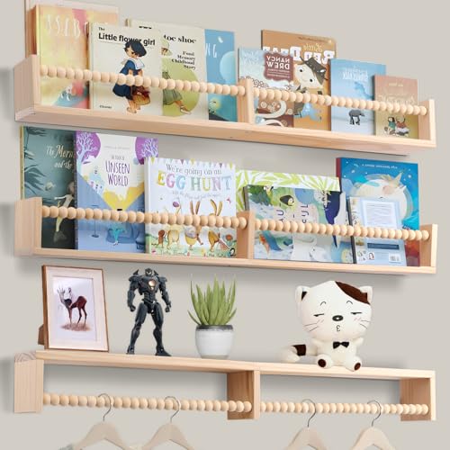 birola Nursery Shelves with Beads Design - 32 Inches Wall Book Shelves Set of 3, Space-Saving Nursery Book Shelves for Kids Room, Bedroom and Study Room(Natural)