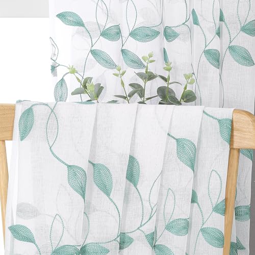 Tollpiz Teal Blue Leaf Sheer Tier Curtain Kitchen 30 x 36 Inches | Leaves Embroidered Curtains Rod Pocket Voile Bathroom Window Treatment for Cafe, Set of 2 Panels - color: Teal Blue, size: 30"W x 36"L (Pack of 2)