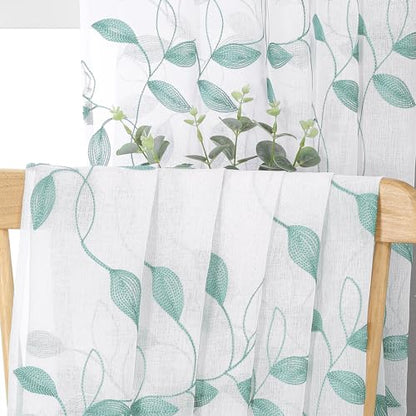 Tollpiz Teal Blue Leaf Sheer Tier Curtain Kitchen 30 x 36 Inches | Leaves Embroidered Curtains Rod Pocket Voile Bathroom Window Treatment for Cafe, Set of 2 Panels - color: Teal Blue, size: 30"W x 36"L (Pack of 2)