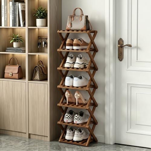 Narrow Shoe Rack, Foldable Bamboo Shoes Shelf for Small Spaces, Multifunctional Vertical Shoe Organizer Tall for Entryway, Closet, Corner, Bedroom, Hallway (Brown, 7 Layers) - color: Brown, size: 7 Layers