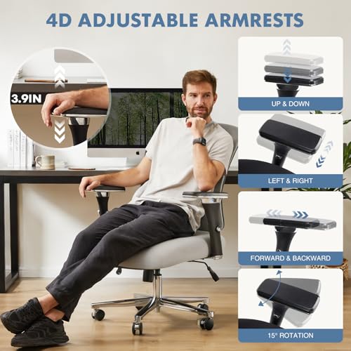 DUMOS Big and Tall Office Desk Chair, 500lbs Heavy Duty Mesh Chair | Ergonomic 4D Armrest, Comfortable Lumbar Support, Wide Seat, 360° Swivel Rolling Wheels, Adult, Grey - color: Light Grey