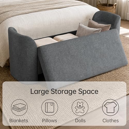 Usaint 58.3" Upholstered Storage Ottoman Bench with 2 Pillows, Charcoal | End of Bed Bench with Curved Arms and Thickened Seat Cushion for Bedroom, Livingroom, Window, Entryway and Dressing Areas - color: Charcoal