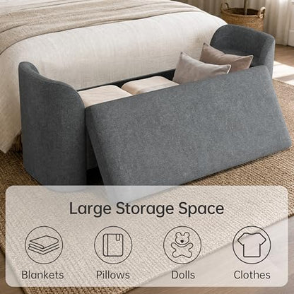Usaint 58.3" Upholstered Storage Ottoman Bench with 2 Pillows, Charcoal | End of Bed Bench with Curved Arms and Thickened Seat Cushion for Bedroom, Livingroom, Window, Entryway and Dressing Areas - color: Charcoal