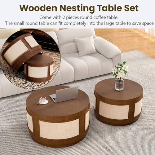 Nesting Coffee Tables Set of 2, Round Wooden, Brown | Solid Wood Frame & Fabric Veneer, Mid-Century Modern Accent Tables, End Tables, For Living Room, Bedroom & Small Spaces - color: Brown 26.8"dx15.7"h