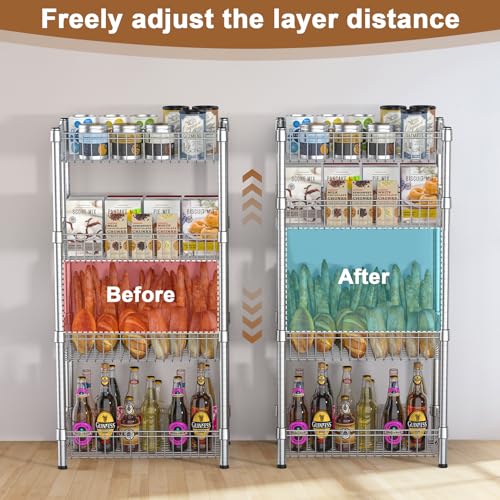 4 Tier Basket Shelf Wire Shelving Unit Adjustable Metal Storage Rack Storage Shelving Standing Shelf Units Heavy Duty Organizer for Pantry Kitchen Bathroom Closet Laundry Utility Room 14"Dx24"Wx47"H