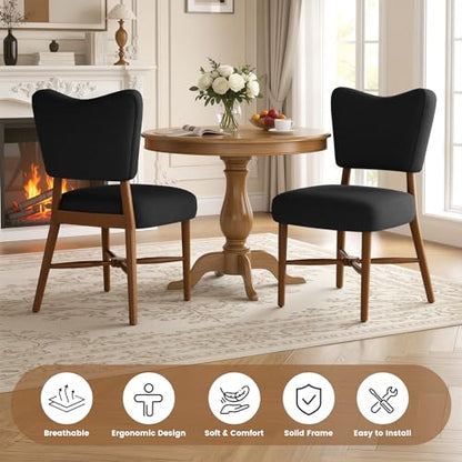 Farmhouse Dining Chairs Set of 2, Linen Seat, Wood Legs, Black | Mid Century Modern, Upholstered Padded Cushion, Solid Wood Cross-Brace, Easy 15-Min Assembly, Kitchen Dining Room - color: Black, size: Set of 2