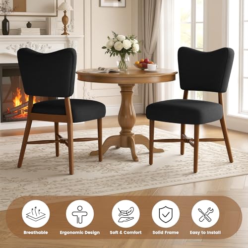 Dining Chairs Set of 6, Linen Upholstered, Solid Wood Legs, Black | Mid Century Farmhouse, Cross-Brace Reinforced, Padded Cushion, Easy 15-Min Assembly, Kitchen Dining Room - color: Black, size: Set of 6