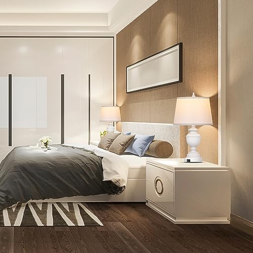 Table Lamps Set of 2, Modern Farmhouse Nightstand Lamp with USB Ports, 3-Way Dimmable Touch Control Washed White Bedside Lamps with Off-White Linen Shade for Bedroom Living Room, Bulbs Included | Smart touch, Easy Assembly, Energy-saving LED bulbs, Vintag