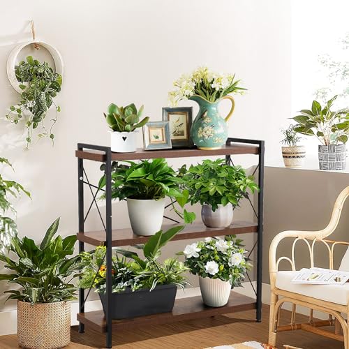 CROWNFURN 3 Tier Bookshelf 35.43" Width, Rustic Open 3 Shelf Short Bookcase with Metal Frame, Industrial Book Shelf for Home Office Bedroom Living Room (Rustic Brown)