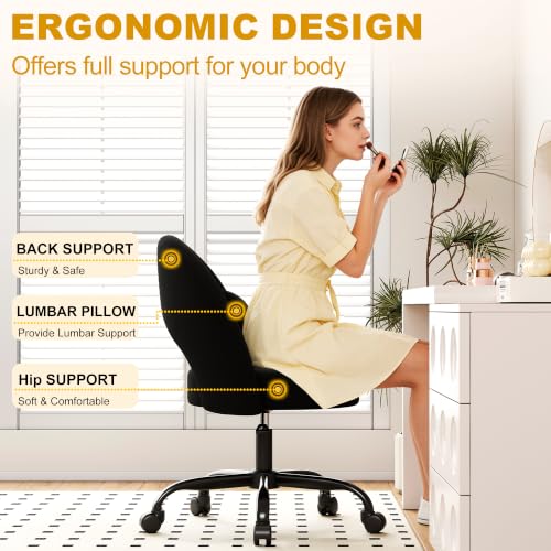Misolant Vanity Chair with Back, Armless Cute Office Chair with Wheels for Girls, Teddy Fleece Fabric Small Desk Chairs with Adjustable Height, Lumbar Support Pillow, 360°Swivel for Makeup Room, Black - color: Black