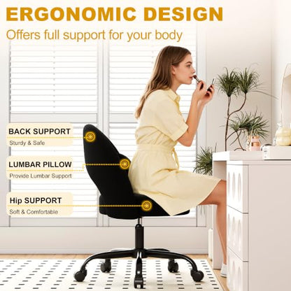 Misolant Vanity Chair with Back, Armless Cute Office Chair with Wheels for Girls, Teddy Fleece Fabric Small Desk Chairs with Adjustable Height, Lumbar Support Pillow, 360°Swivel for Makeup Room, Black - color: Black
