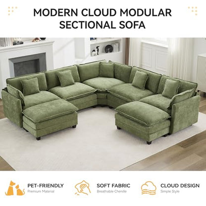 113'' V Shaped Cloud Sectional Sofa, Oversized Deep Seat Couches for Living Room, Chenille Comfy Upholstered Modular Sectional Sofa Couch with 2 Movable Ottoman, Green - color: Green, size: 113'' V Shaped+2 Ottoman