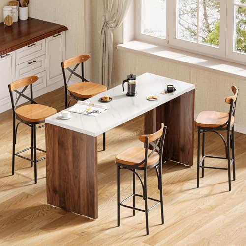 LITTLE TREE Home Bar Table, 55-Inch Long Counter Height Pub Table with a Faux Marble Finished Tabletop, Narrow Rectangular Indoor Bar Unit for Home, Kitchen, White & Walnut