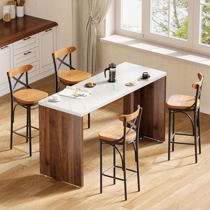 LITTLE TREE Home Bar Table, 55-Inch Long Counter Height Pub Table with a Faux Marble Finished Tabletop, Narrow Rectangular Indoor Bar Unit for Home, Kitchen, White & Walnut