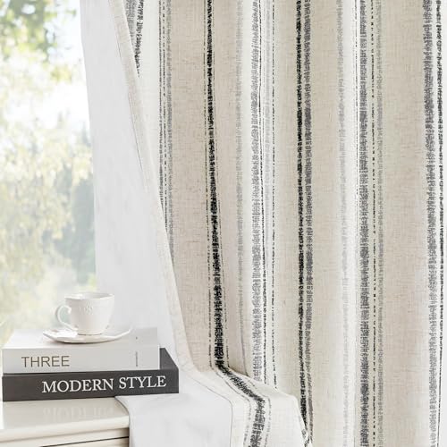 MYSKY HOME Striped Curtains 100% Blackout 96 Inches Long Grey Ticking Stripe Pinstripe Patterned Linen Farmhouse Double Layer Thermal Insulated Drapes for Living Room, Grommet, 2 Panels, 52" Wide - color: Grey/Blackout, size: 52"W x 96"L (Pack of 2)