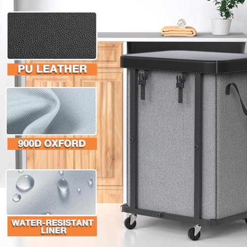 Laundry Basket with Wheels,150L (40 Gal) Rolling Hamper Carts - Gary | Leather Patchwork Laundry Hamper,Sturdy Metal Frame, Removable Washable Bag, Tall Clothes Sorter for Bedroom, Laundry Room - color: Gray, size: 1 Section-150L