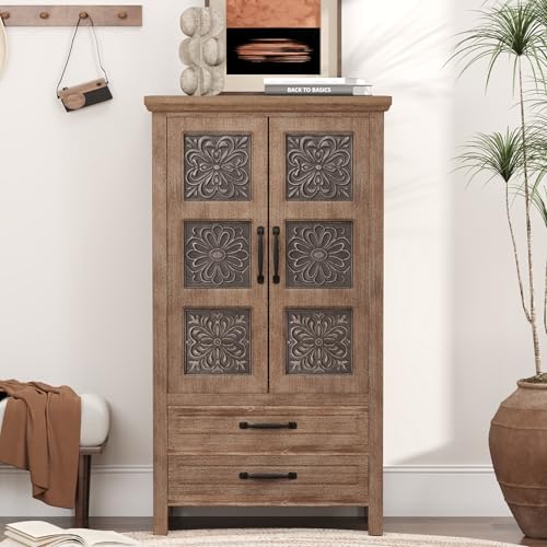 HOMPUS 48'' Tall Farmhouse Accent Cabinet with Doors, Modern Wood Storage Cabinet, Sideboard Buffet Cabinet with 2 Drawers & Shelves for Living Room, Entryway, Dining Room, Natural Wood - size: 27'' (2 Drawers & 2 Doors)