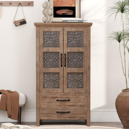 HOMPUS 48'' Tall Farmhouse Accent Cabinet with Doors, Modern Wood Storage Cabinet, Sideboard Buffet Cabinet with 2 Drawers & Shelves for Living Room, Entryway, Dining Room, Natural Wood - size: 27'' (2 Drawers & 2 Doors)