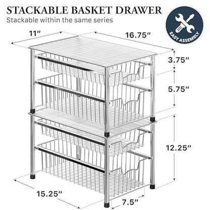 Simple Houseware Stackable 2 Tier Sliding Basket Organizer Drawer, Chrome - color: Chrome, size: 2-tier