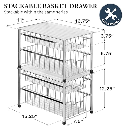 Simple Houseware Stackable 2 Tier Sliding Basket Organizer Drawer, Chrome - color: Chrome, size: 2-tier