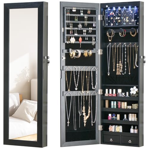 8 LED Lights Jewelry Armoire with Mirror with Storage And 2 Drawers | 47.3” H Mirror Jewelry Cabinet Door Hanging/Wall Mounted Mirror Black - color: Black, size: 47.3*14.6 LED Mirror